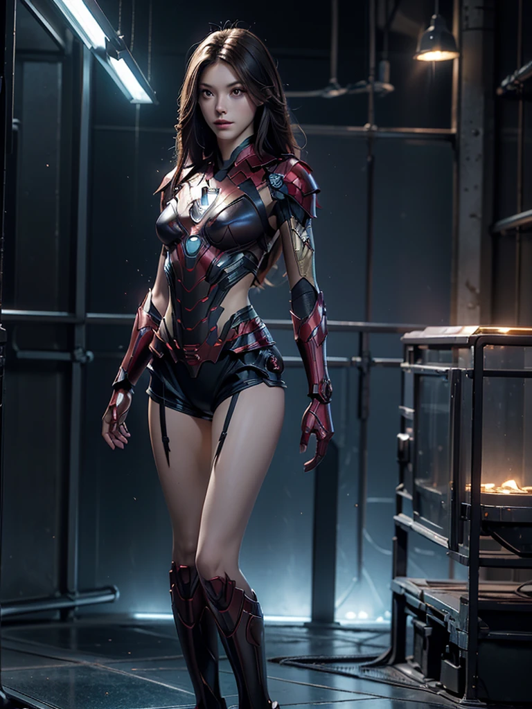 ((masterpiece, 8K, 3D, Realistic, Super Detail)), (1girl:1.3), slender 16 age, Ultra Micro photography, Melissa Benoist Super realistic, Perfect face, 16K resolution, 4k resolution, The photo was taken from the Front, facing to the photographer, Foreground photo, dynamic lighting, posing on a pedestal, high-definition resolution, Beautiful features, ((Perfect female Model Slim body)) Beautiful features, Standing pose, ((small hip)), (((2 piece Hotpants-Bikini))), Sci-fi futuristic, ((Iron man armor)) ((bionic Fragmented Super Girl chest armor suit)), ((Exposed slim thighs)), wear mesh metal-stockings, ((slim thighs)), ((bionic Slim thighs Spider man armor)), Front Full body Shot, full body portrait, perfect legs, Iron Man shoes, futuristic city background
