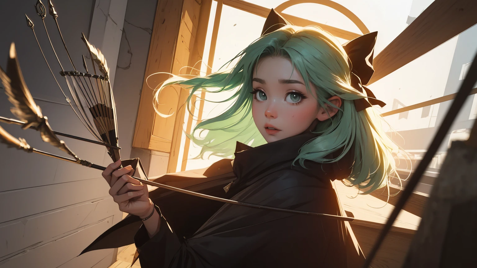 masterpiece, Best quality, 1 girl,((​masterpiece)), (best quality),, offcial art, Extreme detail CG Unity 8K wallpaper, muito detalhado, shiny skin, depth of field, vivid-color,, 1Girl, (curvy:1.0), (Full body:0.8), Portrait Sophie Mudd, Casual pose, gorgeous young model, cute young woman, a beautiful -aged Girl, very pretty model, young , cute young Girl, beautiful young Girl, nice model, long light green hair, young and cute Girl, Girl, High Elf Archer, Goblin slayer Anime-Series, High Elf Archer from Anime-Series, Anime-Series, wears a brown cloak, holds BOW in his hand, Bow is on her back, Stack of arrows, Archer, shy, short, Full body view, Single person, only Single person in image, Full bodyansich, Spiritual peace, golden ratio composition, cowboy shot, brilliant, brilliant hair, (night:1.2),Dreamy, [[gentle fingers and hands:0.55]::0.85],(detailed fingers),),(emotional),(breathtaking),(main part:1.2) whole body.), (Anime Style), (Super Detailed), (brutal), (uhd, HDR), (8k), (High Resolution: 1.2), (Complex and Beautiful: 1.2)