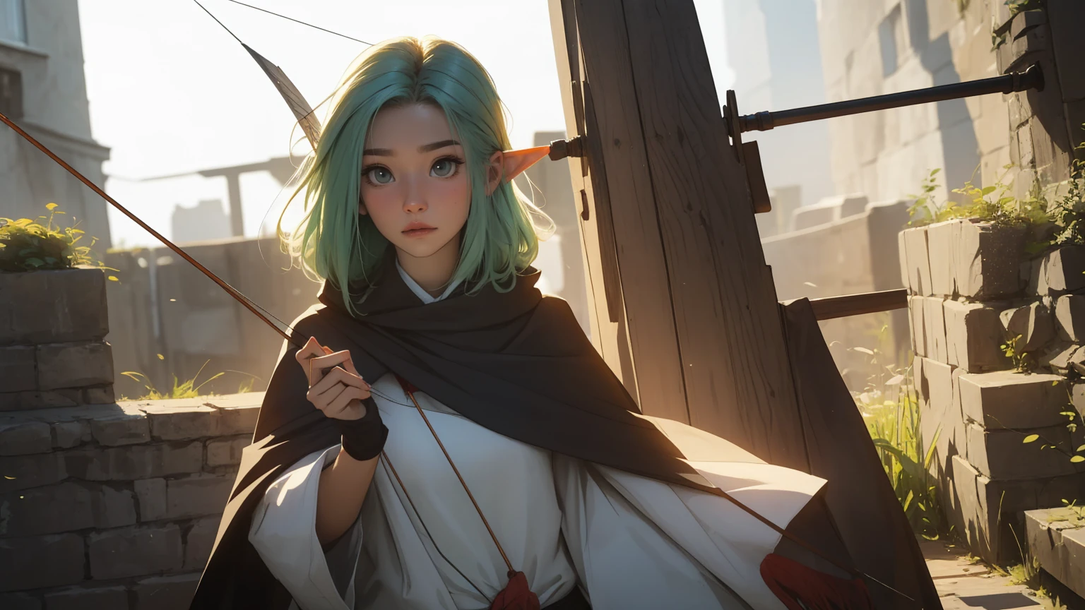 masterpiece, Best quality, 1 girl,((​masterpiece)), (best quality),, offcial art, Extreme detail CG Unity 8K wallpaper, muito detalhado, shiny skin, depth of field, vivid-color,, 1Girl, (curvy:1.0), (Full body:0.8), Portrait Sophie Mudd, Casual pose, gorgeous young model, cute young woman, a beautiful -aged Girl, very pretty model, young , cute young Girl, beautiful young Girl, nice model, long light green hair, young and cute Girl, Girl, High Elf Archer, Goblin slayer Anime-Series, High Elf Archer from Anime-Series, Anime-Series, wears a brown cloak, holds BOW in his hand, Bow is on her back, Stack of arrows, Archer, shy, short, Full body view, Single person, only Single person in image, Full bodyansich, Spiritual peace, golden ratio composition, cowboy shot, brilliant, brilliant hair, (night:1.2),Dreamy, [[gentle fingers and hands:0.55]::0.85],(detailed fingers),),(emotional),(breathtaking),(main part:1.2) whole body.), (Anime Style), (Super Detailed), (brutal), (uhd, HDR), (8k), (High Resolution: 1.2), (Complex and Beautiful: 1.2)