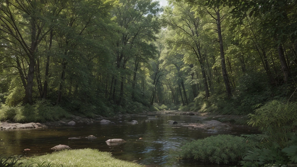 Photorealistic Permian landscape:

Landscape:

Type: Dense coniferous forest with a river flowing in the center of the frame in a shallow erosional depression.
Terrain: Flat, with a slight slope towards the river.
Water bodies: Only the river, no large water bodies.
Flora:

Type of vegetation:
Trees: Tall conifers, ginkgoes, and cycads.
Undergrowth: Ferns, mosses, horsetails, lichens.
Forest density:
In the depths: High, with a dense canopy of trees.
Closer to the river: The vegetation becomes lower, transitioning into shrubs and grasses.
Mosses: Very dense, completely covering the ground and forest floor.
Fauna:

On the riverbank overgrown with horsetails:
A herd of Scutosaurus: 3 adult individuals, slightly to the left of the center of the frame.
Inostrancevia: Watching the Scutosaurs from the bushes, in the center of the frame in the background.
Time of day and lighting:

Time of day: Noon.
Sky: Bright with few clouds.
Lighting: Bright sunlight.
Stylistic preferences:

Realistic image: Similar to a photograph, but with detailed elaboration and realistic lighting.
Composition: Similar to a painting, with a highlighted center of composition (Scutosaurs) and an interesting background (Inostrancevia).
Additional details:

River:
Clean, with clear water.
Leaves and insects can float on the surface of the water.
Scutosaurs:
Herbivorous dinosaurs with long necks and tails.
They can be depicted grazing or drinking water.
Inostrancevia:
A predatory dinosaur with long jaws and sharp teeth.
Can be depicted in a tense pose, ready to attack.