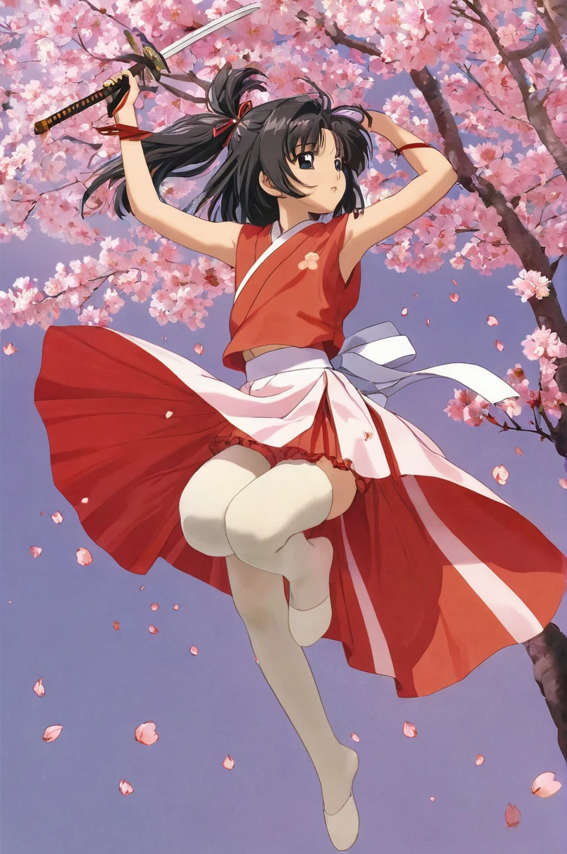 10 year old girl underwear, Sakura Shinguji、Realistic bloomers made from patterned cotton fabric, Japanese clothing and hakama, Fabric Realism, Low - Angle, I see bloomers, Pull up the dress by hand, Strong winds, Translucent slip, Translucent slip, tights, Highest quality,  whole body、Black Hair、Holding a sword、Big ribbon in hair