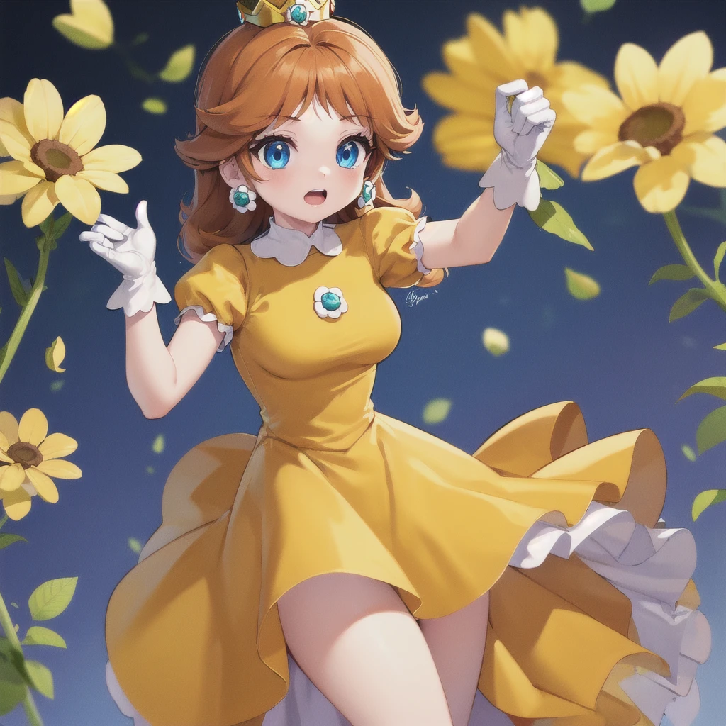(masterpiece, Highest quality), One girl, princess Daisy, blue eyes, Long Hair, Orange Hair, Crown, Daisy, dress, flower, gem, gloves, orange dress, puffy Short sleeve, Puff sleeves, Short sleeve, white gloves,
