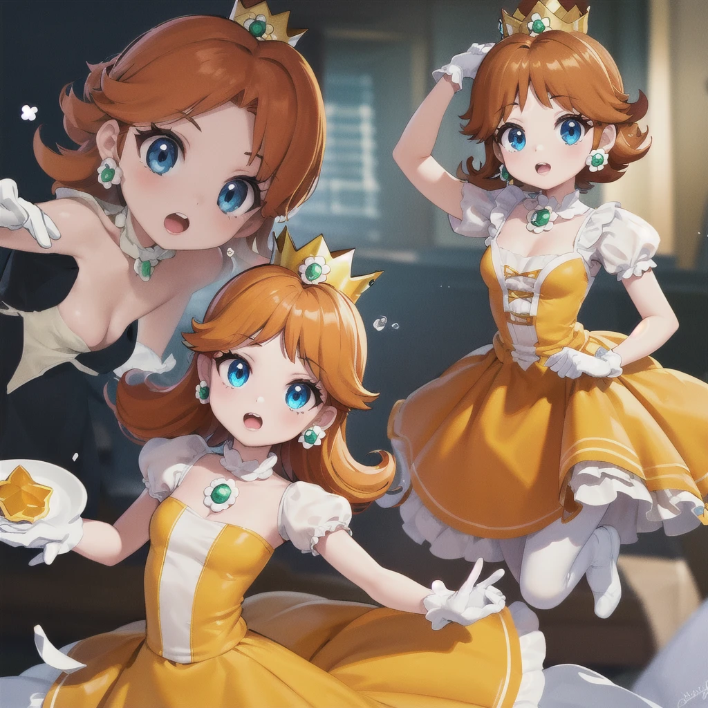 (masterpiece, Highest quality), One girl, princess Daisy, blue eyes, Long Hair, Orange Hair, Crown, Daisy, dress, flower, gem, gloves, orange dress, puffy Short sleeve, Puff sleeves, Short sleeve, white gloves,