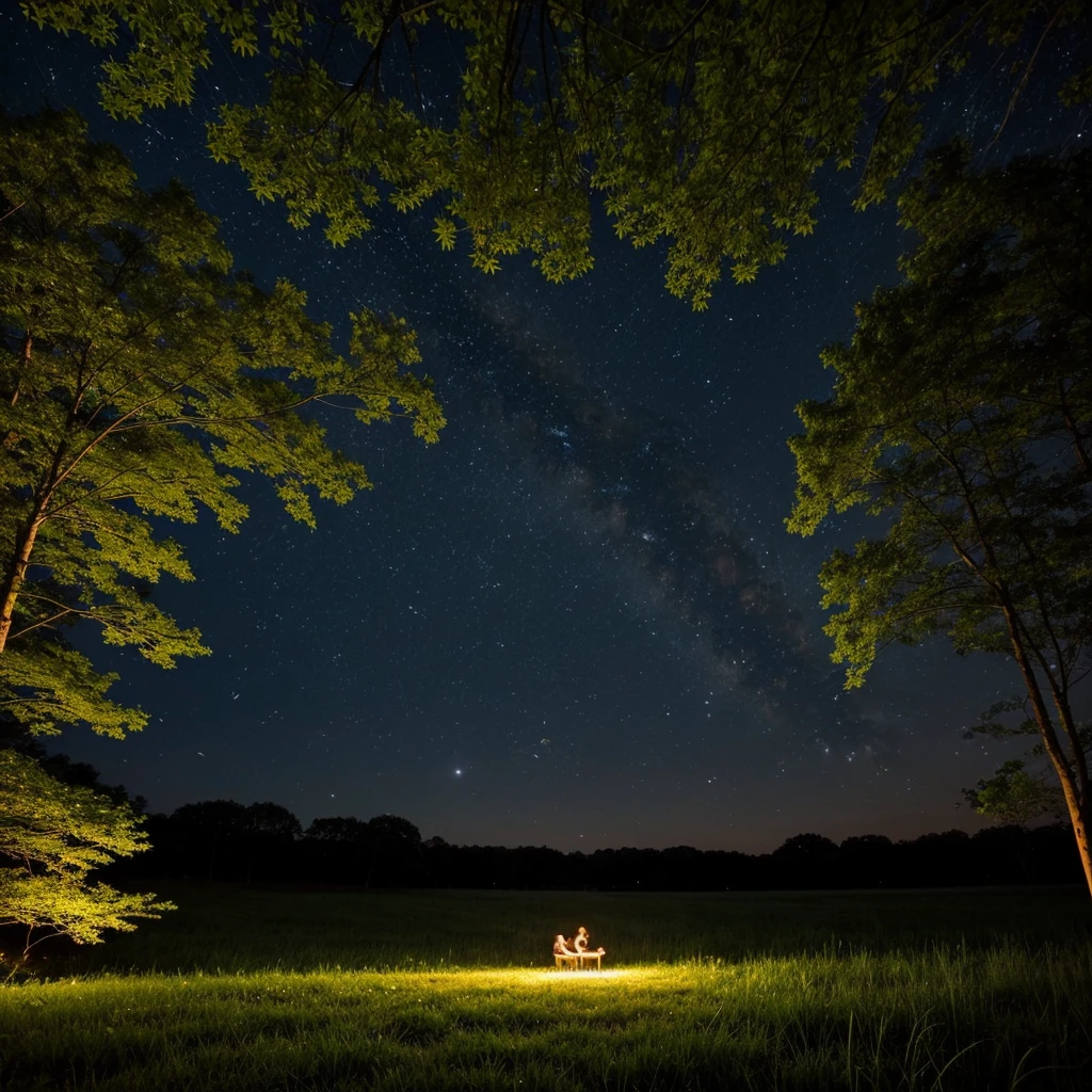 Quiet summer night、Beautiful scenery with fireflies dancing。