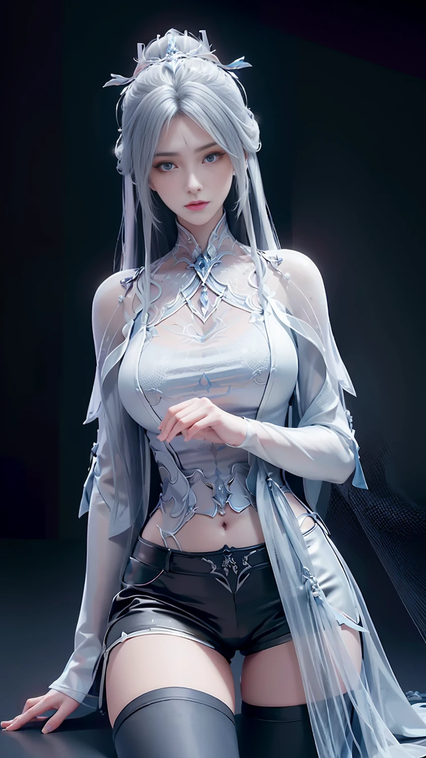 a white hair、Close-up of Miss wearing white mask, Beautiful character painting, Gu Weiss, Gurwitz-style artwork, White-haired god, author：Yang Jie, Epic and beautiful character art, Stunning character art, author：Fan Qi, by Wuzhun Shifan, pixiv Art Street Guviz, Single ponytail, insult, High Ponytail, Tall and big, Long legs, (Sleeveless lace shirt), (shorts), (Striped )), ((Striped )), Walk, elegant, dignified, Miss, Beautiful curves, sweet smile, Strong sense of detail and layering, colour丰富绚丽, Has a unique texture, rich and colourful, colour, vivid, Design Art, 16K, Very detailed, {{illustration}}, {Extremely refined}, {Exquisite surface treatment}, Very detailed, Delicate and shining eyes, {{Light}}, Ultimate light effect, model: Realism, CFG size: 12, Laura: Bright texture (1.35), high quality, masterpiece, Exquisite facial features, Delicate hair depiction, Detailed depiction of the eyes, masterpiece, best quality, Light line tracing, Extremely detailed CG unified 8k wallpaper, masterpiece, best quality,photography, (1 girl), Perfect Miss Body, (((Skinny white T-shirt))), beautiful eyes, (Delicate face), Black short hair, Tie your hair up, Light blue hairpin, Black silk frame glasses, in class, (White skin), (Optimal Lighting), (Super intricate details), 4K Unified, (Very detailed CG), Showing off her white legs, , Hot Pants, shorts,Sexy Long Legs, Thin waist, Sweat is running down my waist, Showing belly, Extremely detailed depiction, Pink Hair, Asymmetrical bangs, Transparent clothes, Hands on thighs, Move your eyes away, 8k resolution, Raise an eyebrow, Shiny hair, flower head, Wristband, bandage，Leather sexy pose, simple grey background, Crawl to the audience, Kitten pose, Get on all fours,