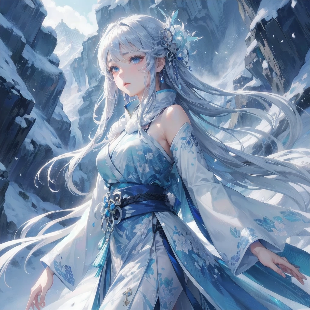  masterpiece, (textured skin), best quality, gorgeous beautiful, (a beautiful girl,yukionna,japanese snow fairy),detailed clothes,large breasts,narrow waist,, (beautiful face), cinematic lighting, (fantasy anime art ),