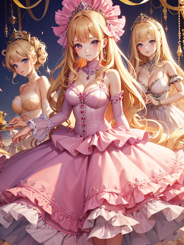 Highest quality, Great quality, 16K,Very detailed, (Blonde Princess,) ((pretty cure eyes, Rich Princess Hairstyle, Princess-style shocking pink frill corset lingerie))、((Accurate anatomy))、、(((Confused、Be excited and happy、)))、、Practice squatting、((((They all have small breasts、Masturbating with her pussy))))