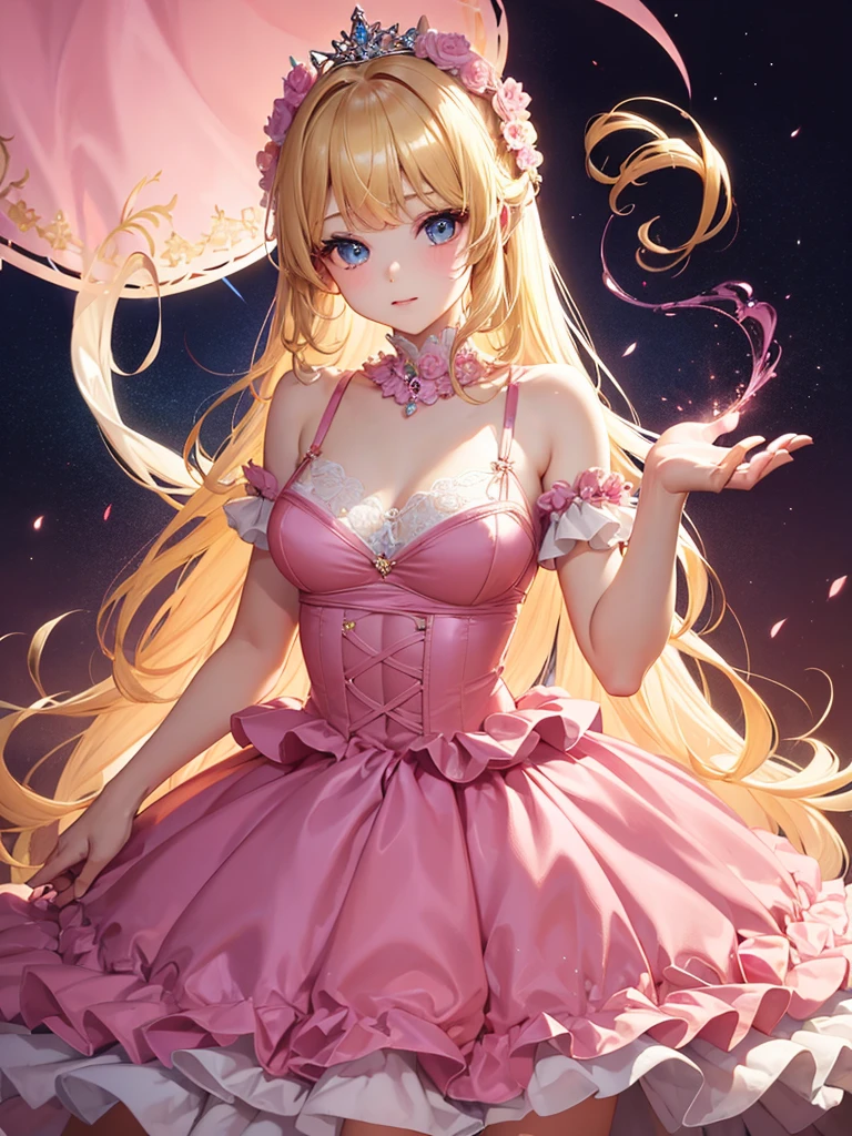 (satin、silk、bra)、Highest quality, Super Fine, 16K, Incredibly absurd, Very detailed, Beautiful and cute woman, shy, Big, bright eyes, Blonde double-sided princess hairstyle, Princess-like pink ruffled long flare skirt dress, Simple color background