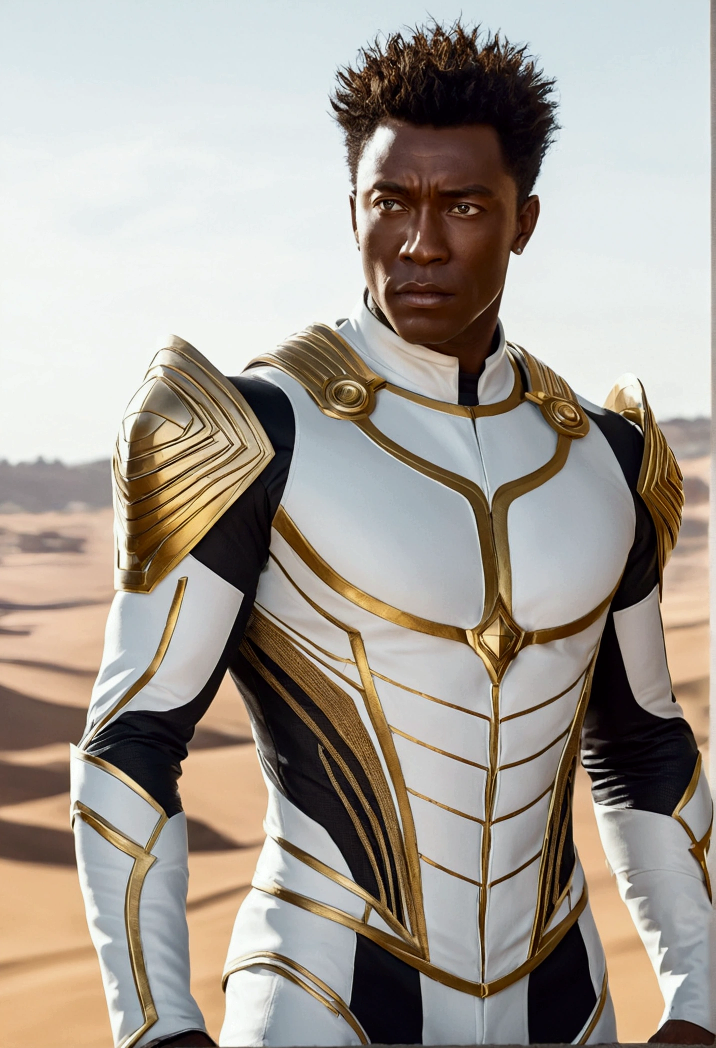 Homem com cabelo cacheado curto, pele branca, olhos cinzentos, Defined and athletic body, White science fiction outfits with gold details, Aguardar com interesse, confiante,