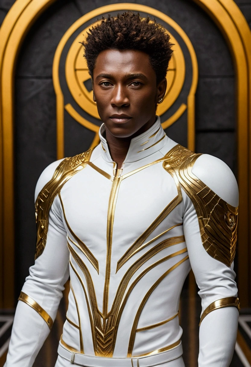 Homem com cabelo cacheado curto, pele branca, olhos cinzentos, Defined and athletic body, White science fiction outfits with gold details, Aguardar com interesse, confiante,