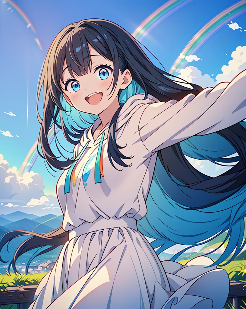 (Highest quality, 32K, High resolution, Masterpiece:1.5, ), One Girl, Cute anime-style illustrations, god々It has a brilliant and healing power., , Expressing emotions, Have a rich imagination, Cute Japanese Girls, Perfect Human Anatomy, Big light blue eyes, Motherhood and generosity, Deep Love, ((A cheerful smile:1.6)), Shiny aqua hair, Super long straight silk hair swaying in the wind, Asymmetrical bangs, Hair between the eyes, Transparent, soft white skin, Sharp eyebrows, Thin lashes, Natural Makeup, Cheek highlighter, Detailed and cute lips, (Black hoodie:1.2), ((Rural scenery stretching to the horizon:1.2)), ((Detailed blue sky with a rainbow:1.3)), Slim figure with ample breasts, Beautifully detailed skies, ((Vibrant petal effect:1.2)), god秘的