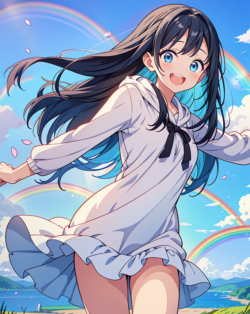 (Highest quality, 32K, High resolution, Masterpiece:1.5, ), One Girl, Cute anime-style illustrations, god々It has a brilliant and healing power., , Expressing emotions, Have a rich imagination, Cute Japanese Girls, Perfect Human Anatomy, Big light blue eyes, Motherhood and generosity, Deep Love, ((A cheerful smile:1.6)), Shiny aqua hair, Super long straight silk hair swaying in the wind, Asymmetrical bangs, Hair between the eyes, Transparent, soft white skin, Sharp eyebrows, Thin lashes, Natural Makeup, Cheek highlighter, Detailed and cute lips, (Black hoodie:1.2), ((Rural scenery stretching to the horizon:1.2)), ((Detailed blue sky with a rainbow:1.3)), Slim figure with ample breasts, Beautifully detailed skies, ((Vibrant petal effect:1.2)), god秘的