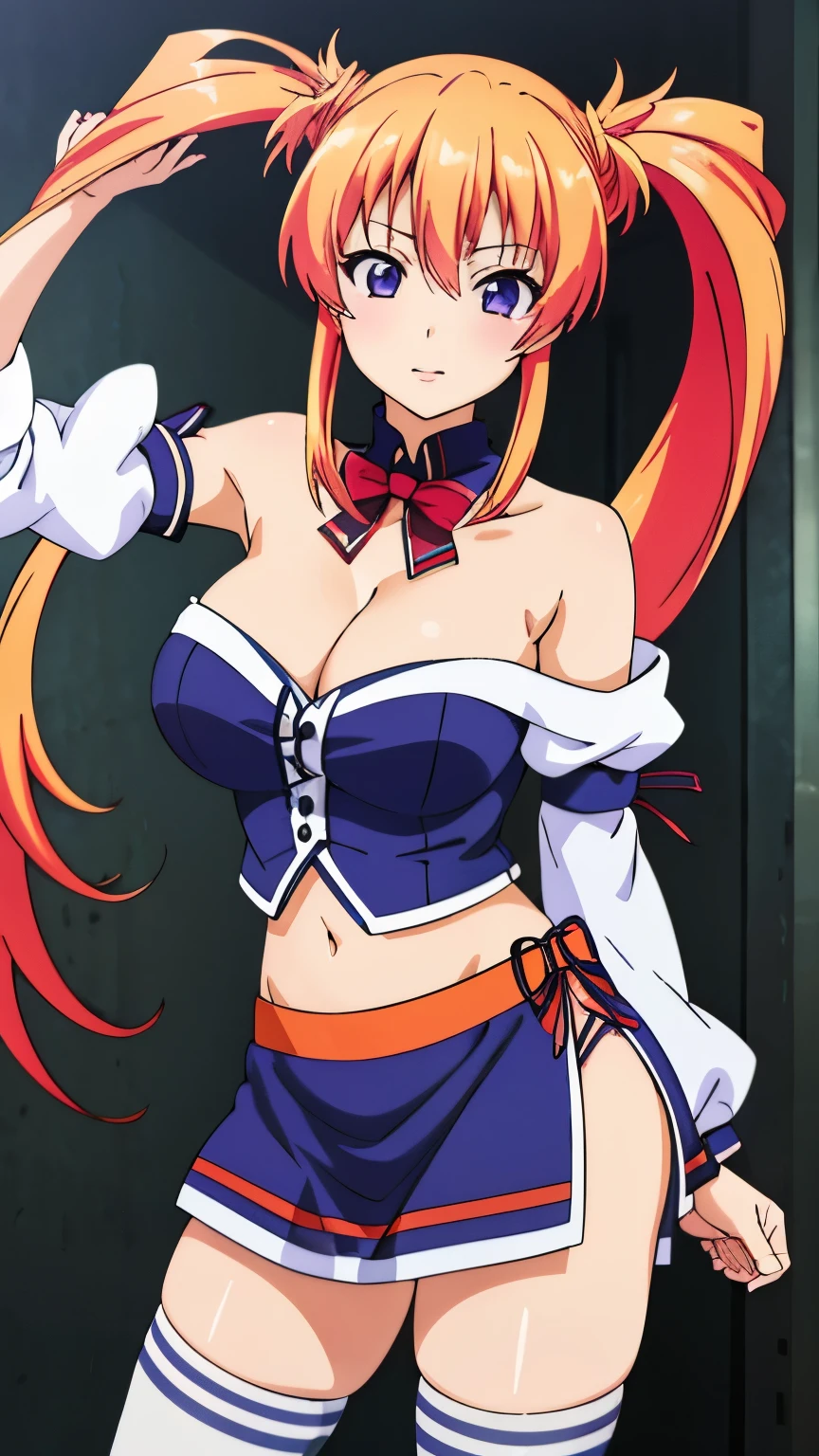 highest quality, High resolution, beautiful eyes, highly detailed face, Detailed CG,anime style, saki mizuhara , 1 girl, orange hair, (tube top, cleavage, underbust, purple tube top, strapless, belly button, midriff, mini skirt, bare shoulders, detachable sleeves, white knee socks), twin tails, long hair, Are standing,１with people,stylish pose, stylish angle,looking at the viewer, in the center of the image,cowboy shot,