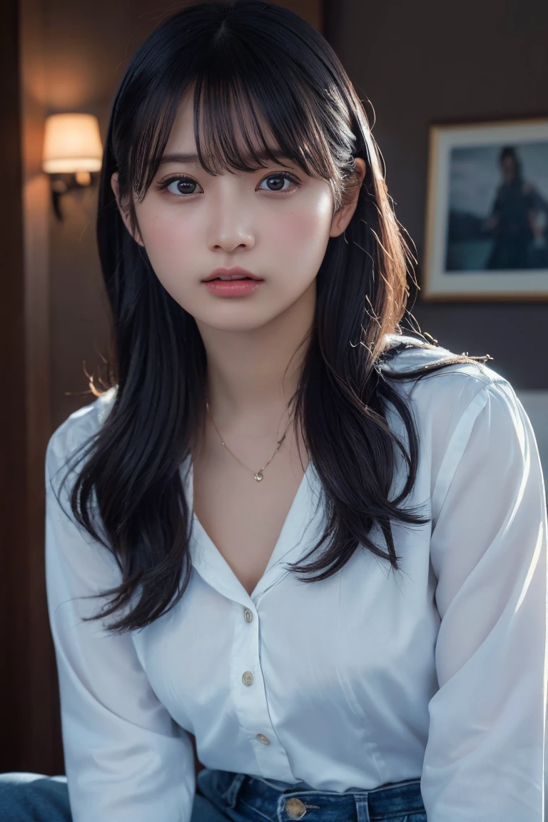 The whole body of a cute 22-year-old Japanese woman(Highest quality:1.4),(masterpiece:1.4),(Realistic:1.4),(Realistic:1.2),(超High resolution, RAW Photos:1.4),(High resolution, Very detailed:1.2),(8K:1.2),Cinematography,Brown Hair,length、One Girl,alone,(White shirt),Small breasts,((Upper Body:1.3))、Protruding nipples