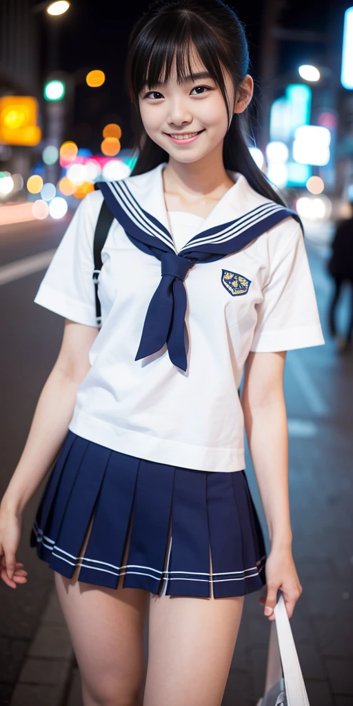 One incredibly cute girl,Super cute  girl、White skin、(Wearing a sailor uniform)、 Professional Lighting、Tokyo Street,night, Streetscape,City lights,Upper Body,close,smile,, (8k, RAW Photos, highest quality, masterpiece:1.2),(Realistic, photo-Realistic:1.37),Pull up your skirt、Panties are visible、