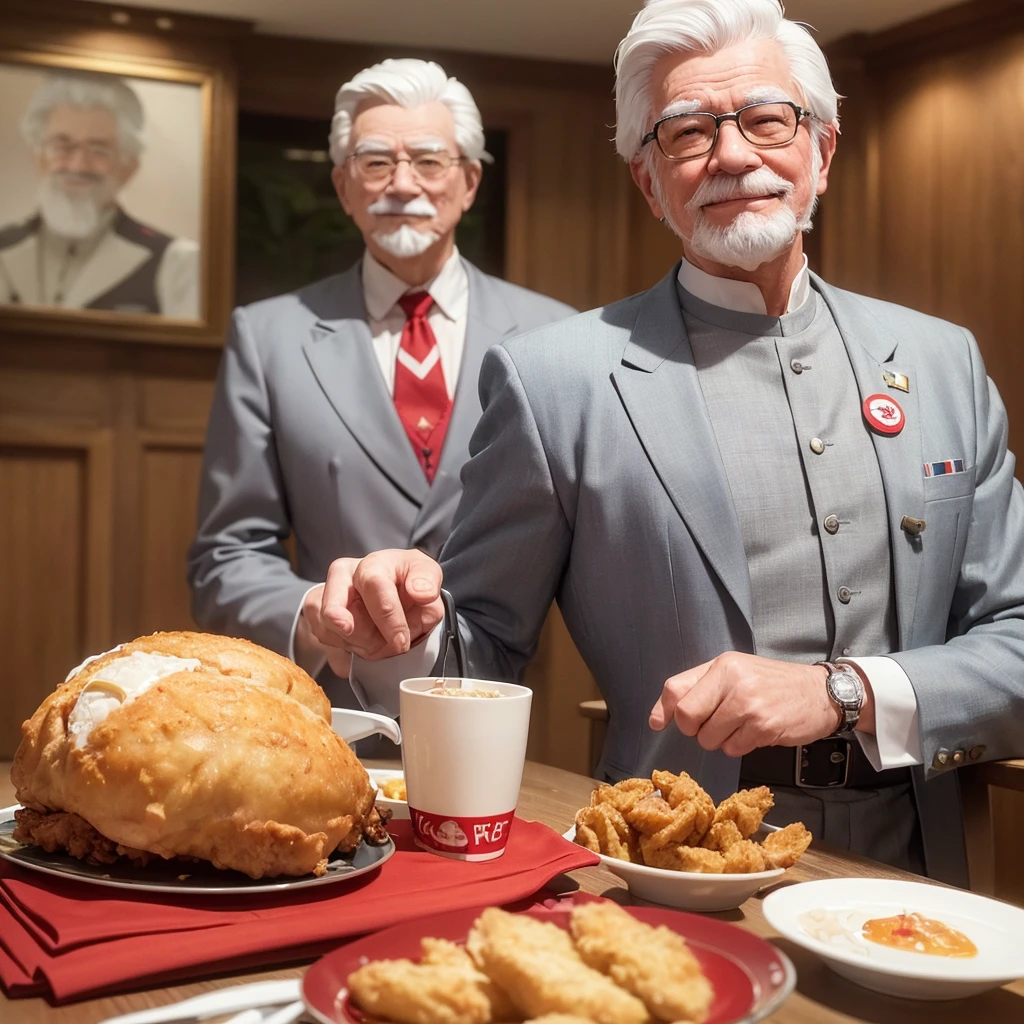 Create a realistic 3D model of Colonel Harland David Sanders from KFC, made entirely from ceramic. The model should depict Colonel Sanders with a smiling face, wearing the traditional KFC uniform, and in a traditional wai (hands in prayer) gesture. Ensure the model has detailed features, capturing the essence of his character, with a glossy ceramic finish.