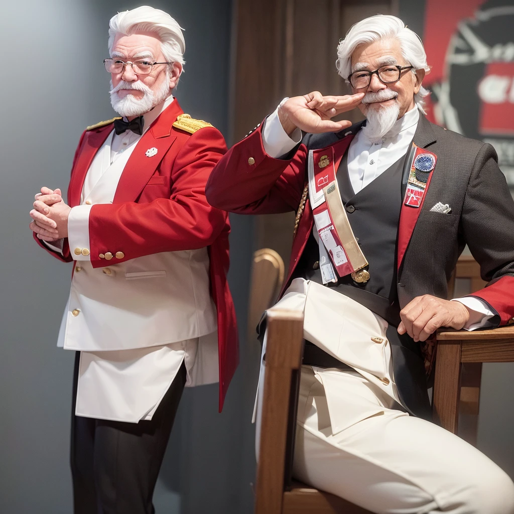 Create a realistic 3D model of Colonel Harland David Sanders from KFC, made entirely from ceramic. The model should depict Colonel Sanders with a smiling face, wearing the traditional KFC uniform, and in a traditional wai (hands in prayer) gesture. Ensure the model has detailed features, capturing the essence of his character, with a glossy ceramic finish.