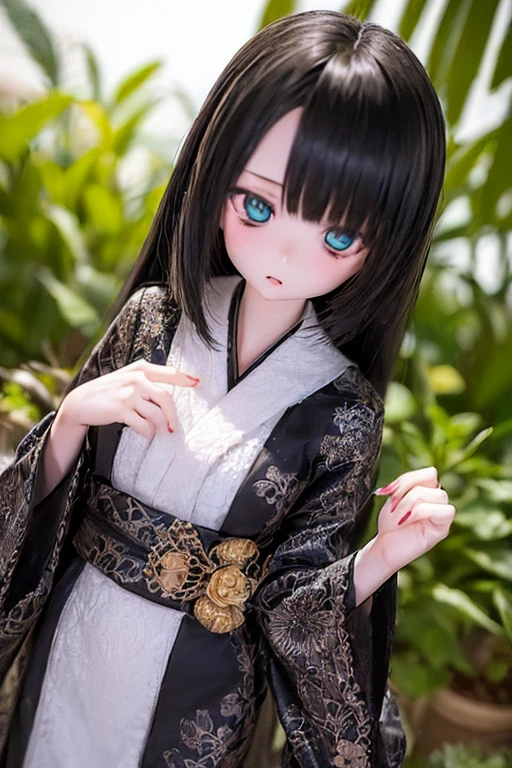 (SFW:2), photorealistic, realistic photo, ((highest quality)), ((masterpiece)), ((extremely detailed)), kukolnydom, doll, (mature woman, 20yo, 20 years old:1.6), solo, ((cowboy shot, standing, skinny, slender, slim, kimono, obi, hair ornament)), green eyes, parted lips, (black hair, long hair, looking at another, blank eyes, empty eyes, detailed eyes, detailed clothes:1.3), Japanese garden, 8k