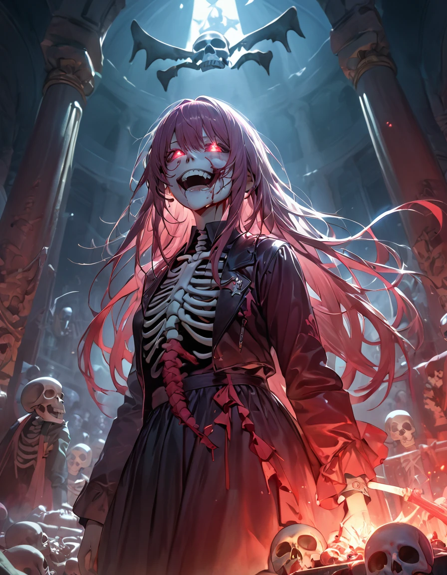 (Thriller Theme,Bloody and violent themes:1.3),(Unclean mollusk tentacles,radicalism:1.4), Good details, (Glowing background), Highest quality, wide angle super detail, masterpiece, 8k, Natural light, Soft lighting, sunlight, High resolution (High Dynamic Range), Maximum clarity and sharpness, Multilayer Texture, Looking at the audience,Close to the audience,night,Unclean, (Faith of the Dead,A totally malicious cult,Human Sacrifice Ritual,Creepy black mist and bloody mist,A creepy manic grin:1.4),(severe bleeding, self-injurious behavior:1.4) 1 girl,Upper Body,Perfectly detailed eyes and face,Frowning,Red eyes,Gray Hair,Skull and bones themed costume,Black gothic dress with beautiful details,Tears of Blood, (Cult temple built entirely of skulls and bones,Skeleton Beam,Altar of Bone:1.4), (Glowing Eyes,Disheveled long hair,:1.5), Lens flare,Light leakage,