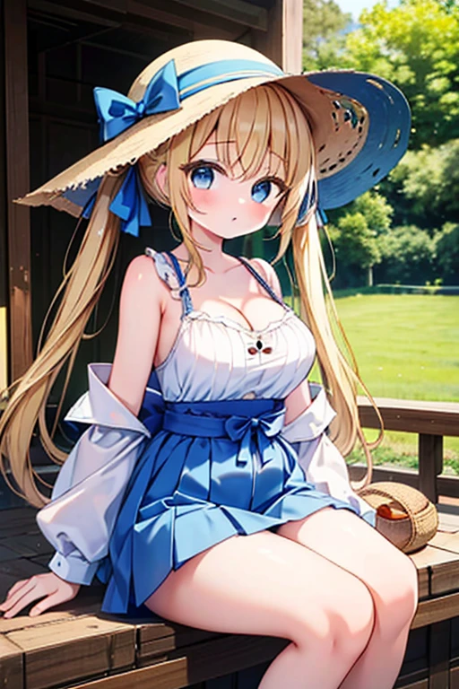 Highest quality,masterpiece,8k,Blonde with blue eyes、camisole、A very short mini skirt,Cleavage,Side view,Large Breasts、Twin tails、cute eyes,Sun Hat(sun hat),Japanese Festivals,stall,