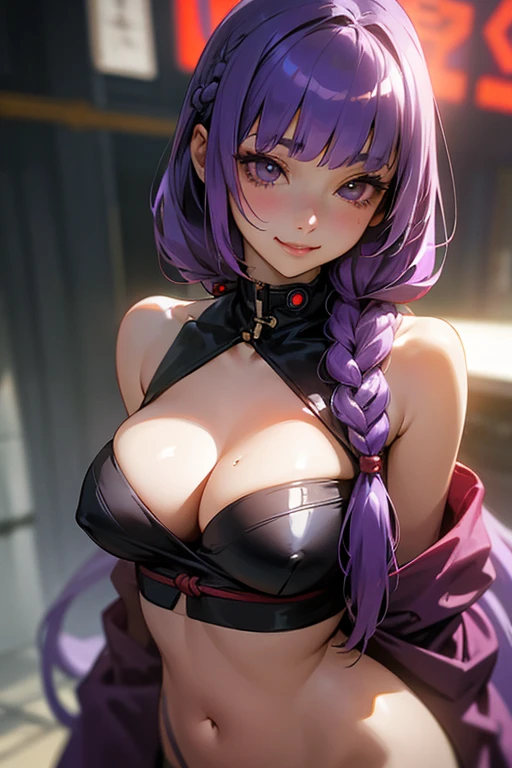 1 Girl, Blunt bangs, Braiding, Wide sleeves, hair ornaments,Obi says, (Purple Hair:1.2), Very long hair, Straight hair, Looking at the audience, Highly detailed background, (Realistic:1.2), Beautiful Eyes, Red eyeshadow, Written boundary depth，thigh, (Urzan-6500:0.7), Upper Body, (alone:1.2), (Cyberpunk City:1.1), Cleavage,,Shiny skin、(Navel exposed).((Face close-up))、((smile))、drink tea、