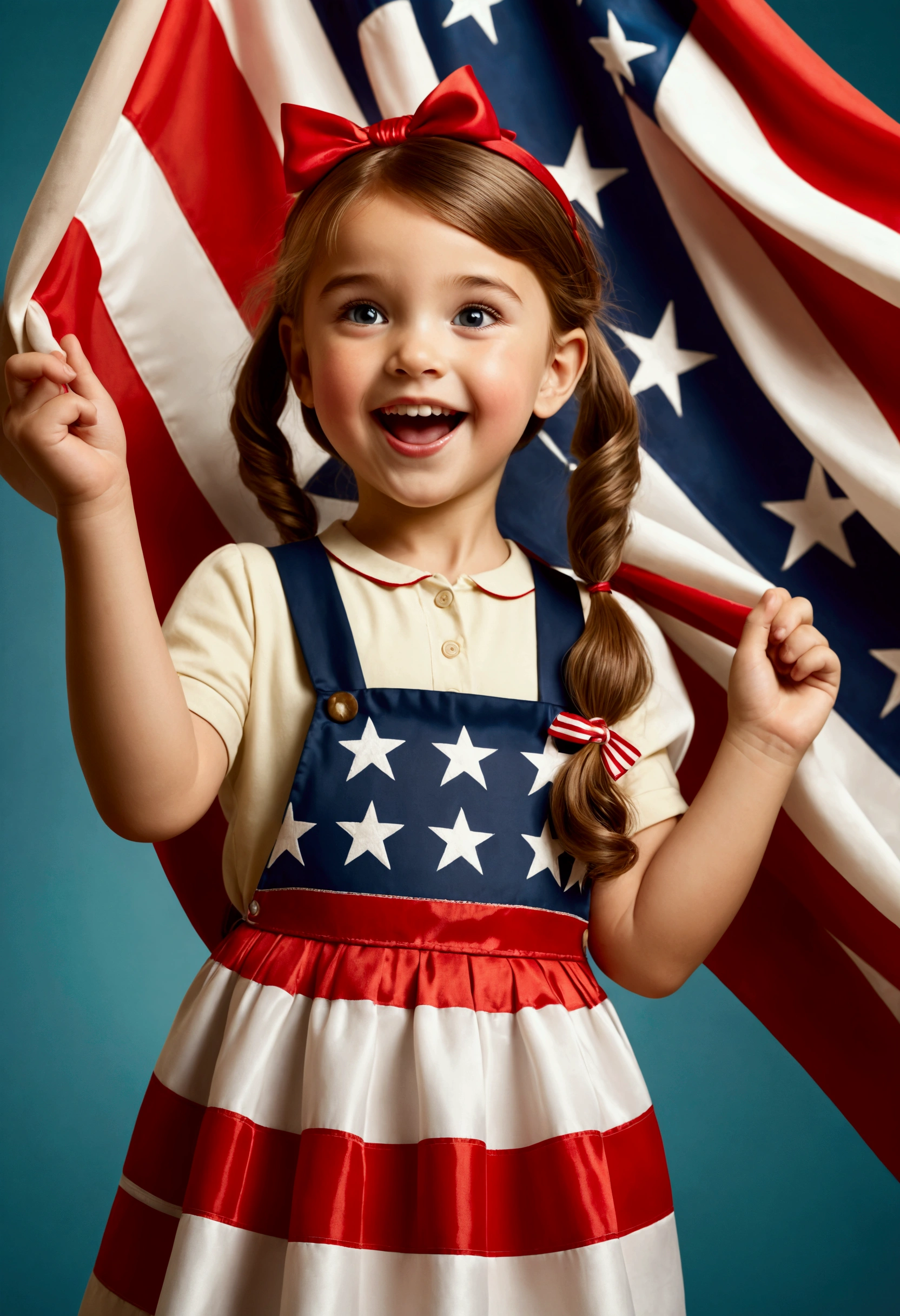a holding a MAGA banner playfully,1girl,young ,cute,mischievous,american flag background,classic americana,nostalgic,1950s style,retro,vibrant colors,warm lighting,highres,detailed,photorealistic,studio lighting