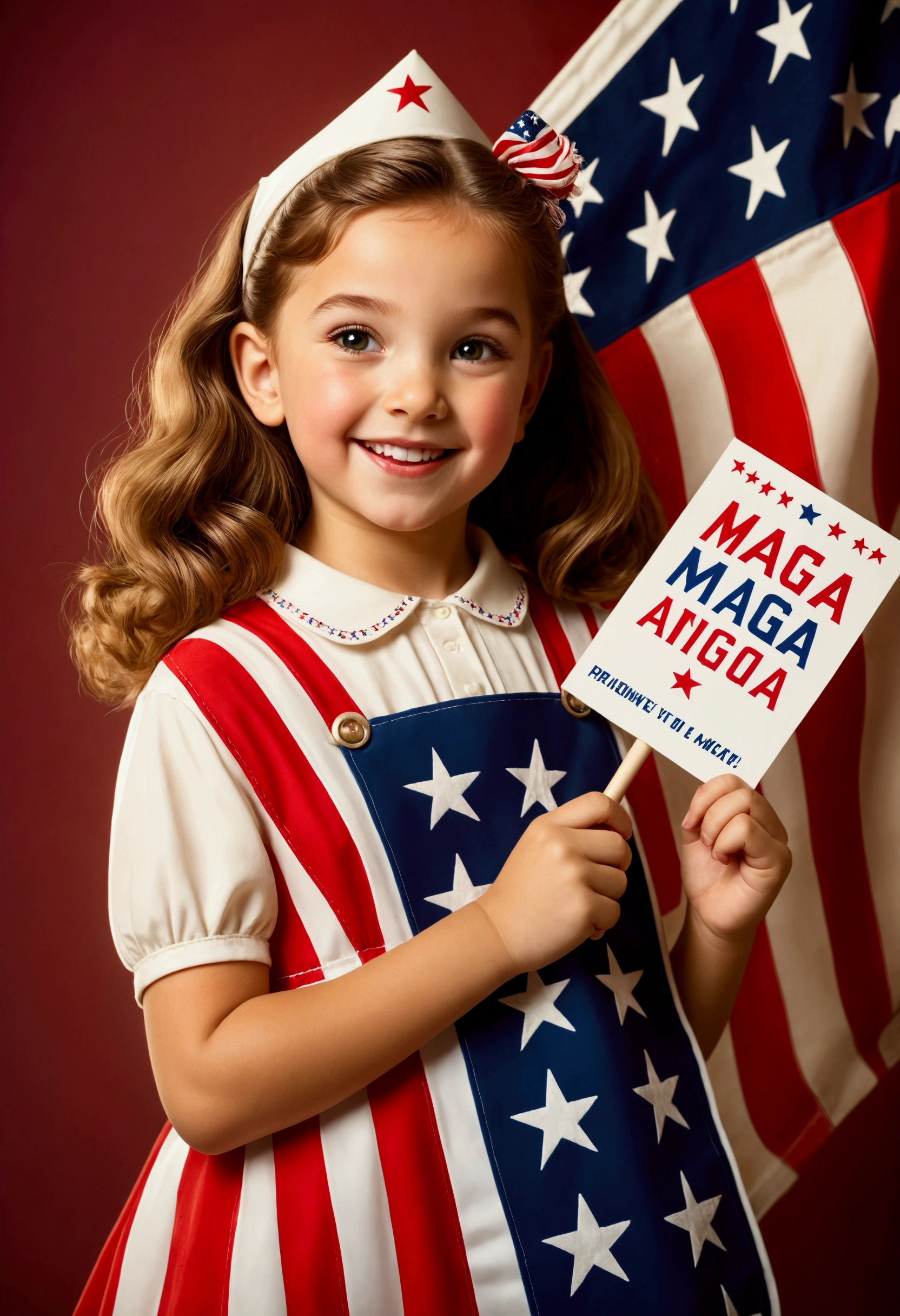 a holding a MAGA banner playfully,1girl,young ,cute,mischievous,american flag background,classic americana,nostalgic,1950s style,retro,vibrant colors,warm lighting,highres,detailed,photorealistic,studio lighting