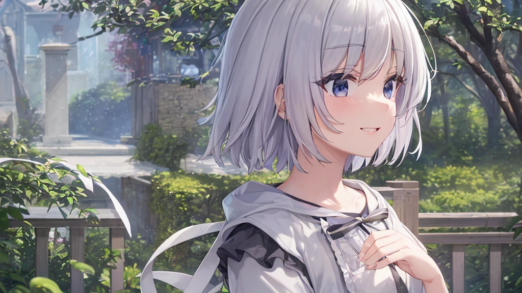 Ultra HD,Look at the viewers, Put your hands behind your back, With a girl, 20-year-old, 非常にShort Hair, Long bangs between the eyes, Pale blue eyes, Very detailed,(masterpiece、Highest quality),Gray Hair、Laughter、Fantastic, Silver Hair, Iris, Short hair、 Fluttering Hair、Small Face、明るいsmile、(Detailed face) ,Professional Lighting,Wonderful landscape,blue sky, sunlight,Looking down from above,Portraiture、Open your mouth、Flower Field、Her eyes were shining、Mysterious and enchanting atmosphere。With AI Painting、とてもShort Hair, Long bangs between the eyes, Very detailed,(masterpiece、Highest quality)、alone、Gray Hair、Fantasy, Silver Hair, Fantasyな風景、smile、Open your mouth、short hair、Short Hair、hairpin、black eye、Grey Eyes、Beautiful Eyes、Black Shirt、White hoodie