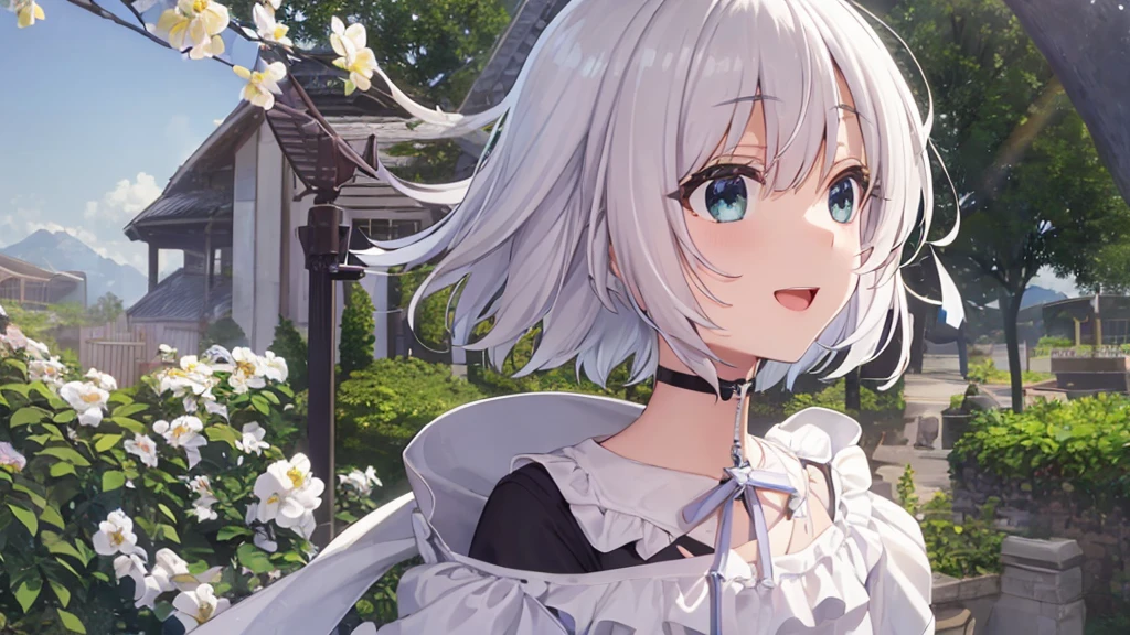 Ultra HD,Look at the viewers, Put your hands behind your back, With a girl, 20-year-old, 非常にShort Hair, Long bangs between the eyes, Pale blue eyes, Very detailed,(masterpiece、Highest quality),Gray Hair、Laughter、Fantastic, Silver Hair, Iris, Short hair、 Fluttering Hair、Small Face、明るいsmile、(Detailed face) ,Professional Lighting,Wonderful landscape,blue sky, sunlight,Looking down from above,Portraiture、Open your mouth、Flower Field、Her eyes were shining、Mysterious and enchanting atmosphere。With AI Painting、とてもShort Hair, Long bangs between the eyes, Very detailed,(masterpiece、Highest quality)、alone、Gray Hair、Fantasy, Silver Hair, Fantasyな風景、smile、Open your mouth、short hair、Short Hair、hairpin、black eye、Grey Eyes、Beautiful Eyes、Black Shirt、White hoodie