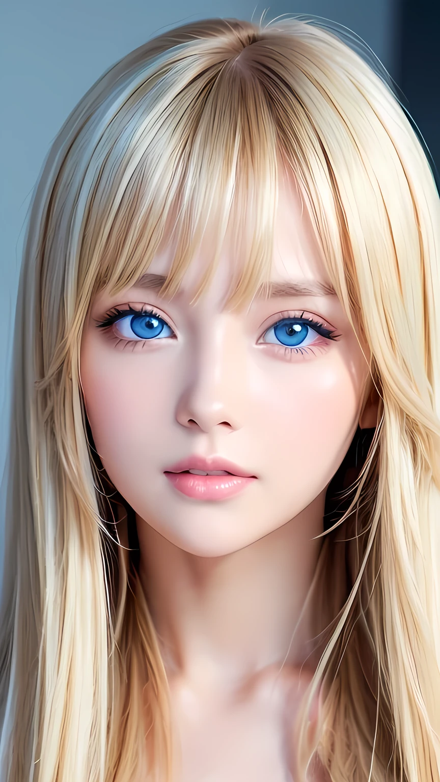Super long, silky blonde hair、Very cute, beautiful and stunning girl、Bangs falling over the eyes、Hair on the face、Put one bang over your eye、Hair between the eyes、So perfect beautiful cute face、big, Her bright, light blue eyes are so beautiful and sparkling.、Very big eyes、White and lustrous skin、Small Face Beauty、Cheek gloss highlighter、Incredibly white, beautiful, bright and radiant skin、Round face