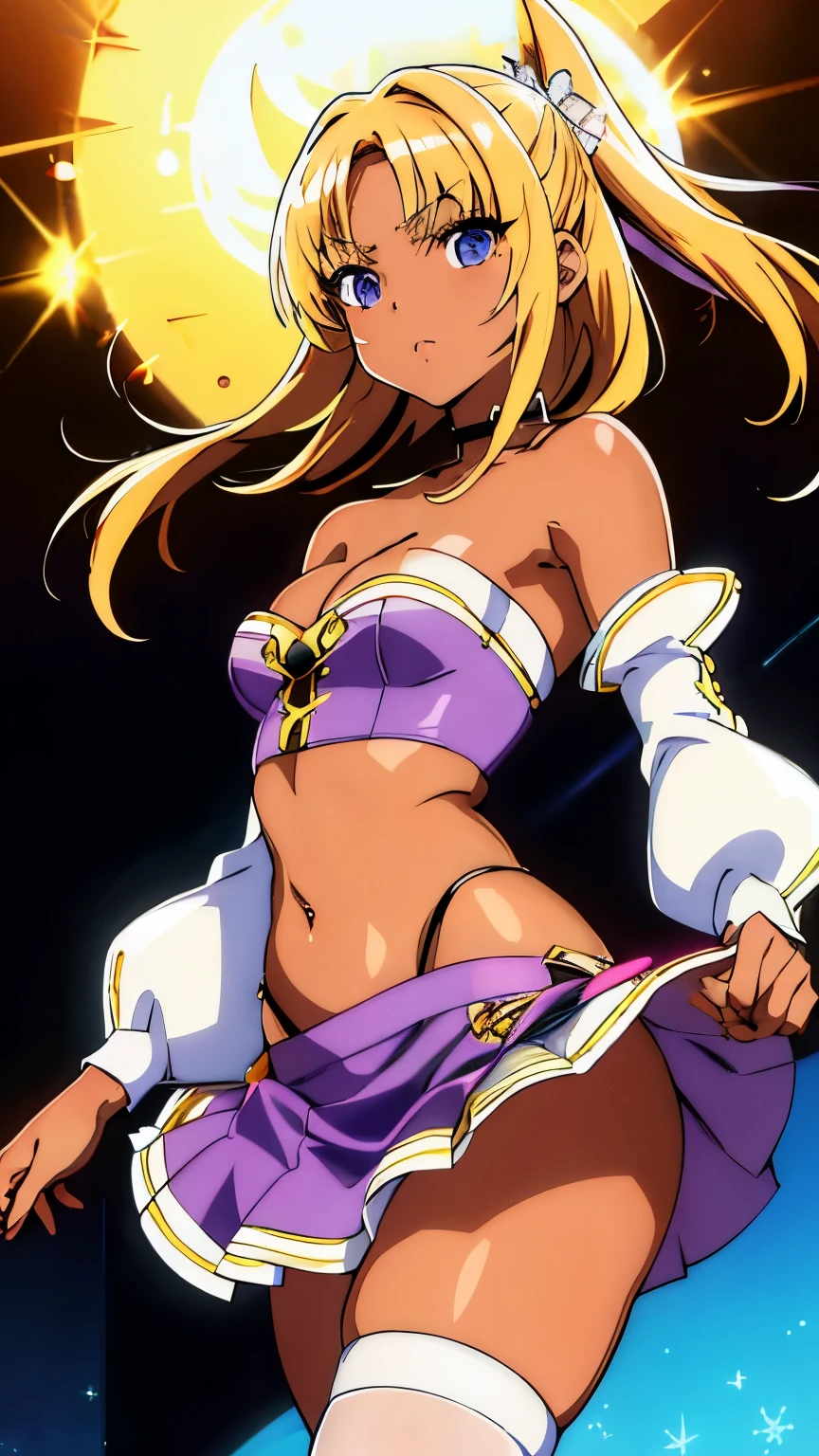 Masterpiece, Top Quality, Super Detailed, (Perfect Face, Detailed Face), 1 Girl, Solo,Blonde, Long Hair, Two Sides Up, Light Dark Skin, Hair Ribbon, small breasts,10's style, (tube top, cleavage, underbust, purple tube top, strapless, belly button, midriff, mini skirt, bare shoulders, detachable sleeves, white knee socks), stylish pose, stylish angle, staring viewer in the center of the image, cowboy shot,