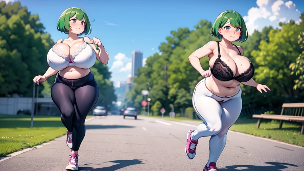 1 woman, Mature woman, running on track, jiggle physics, tight clothing, green hair, long hair, long gorgeous hair, running, sweating, steaming, blushing, morning time, morning, urban park, small white bra, short leggings(random color), white bra, short cut leggings(random color), white & pink shoes, high definition, 4k HD, plump body, wide hips, ginormous breasts, oppai ratio, blump butt, juicy breasts, flat stomach, juicy legs