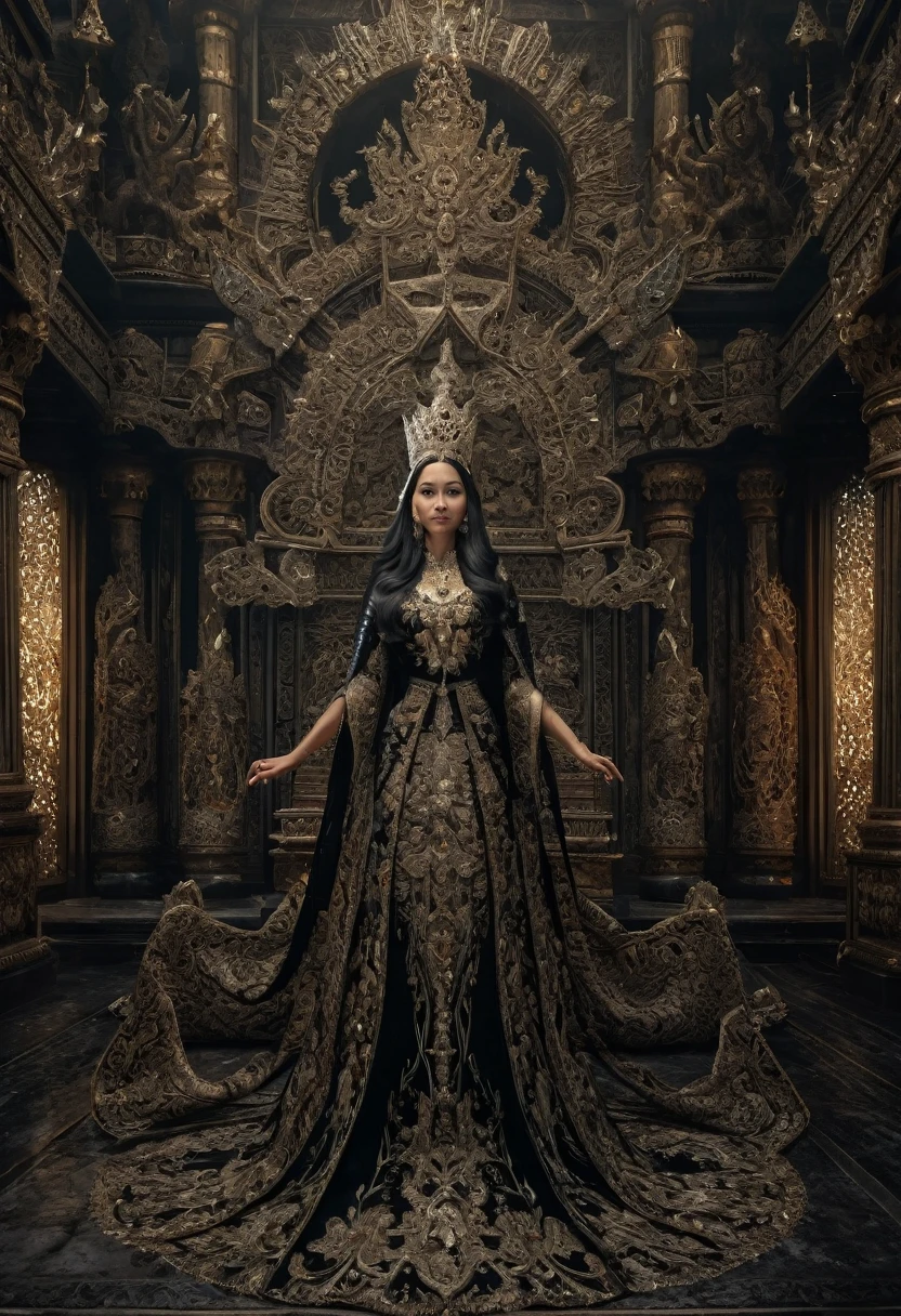 high detail, best quality, 8k, [very detailed], masterpiece, best quality, (very detailed), ultra wide shot, photorealistic, image of a Javanese empress wearing a Javanese royal gown (intricate detail, Masterpiece, best quality: 1.5 ), holding a scepter (intricate detail, Masterpiece, best quality: 1.5), wearing a crown with 12 stars (intricate detail, Masterpiece, best quality: 1.5), standing in front of the palace facing the enemy (intricate detail, Masterpiece, best quality: 1.5), black hair, long hair, flowing hair, sharp eyes, dynamic light, from the front, [[12 stars in the background]], best quality, high resolution, ultra wide angle