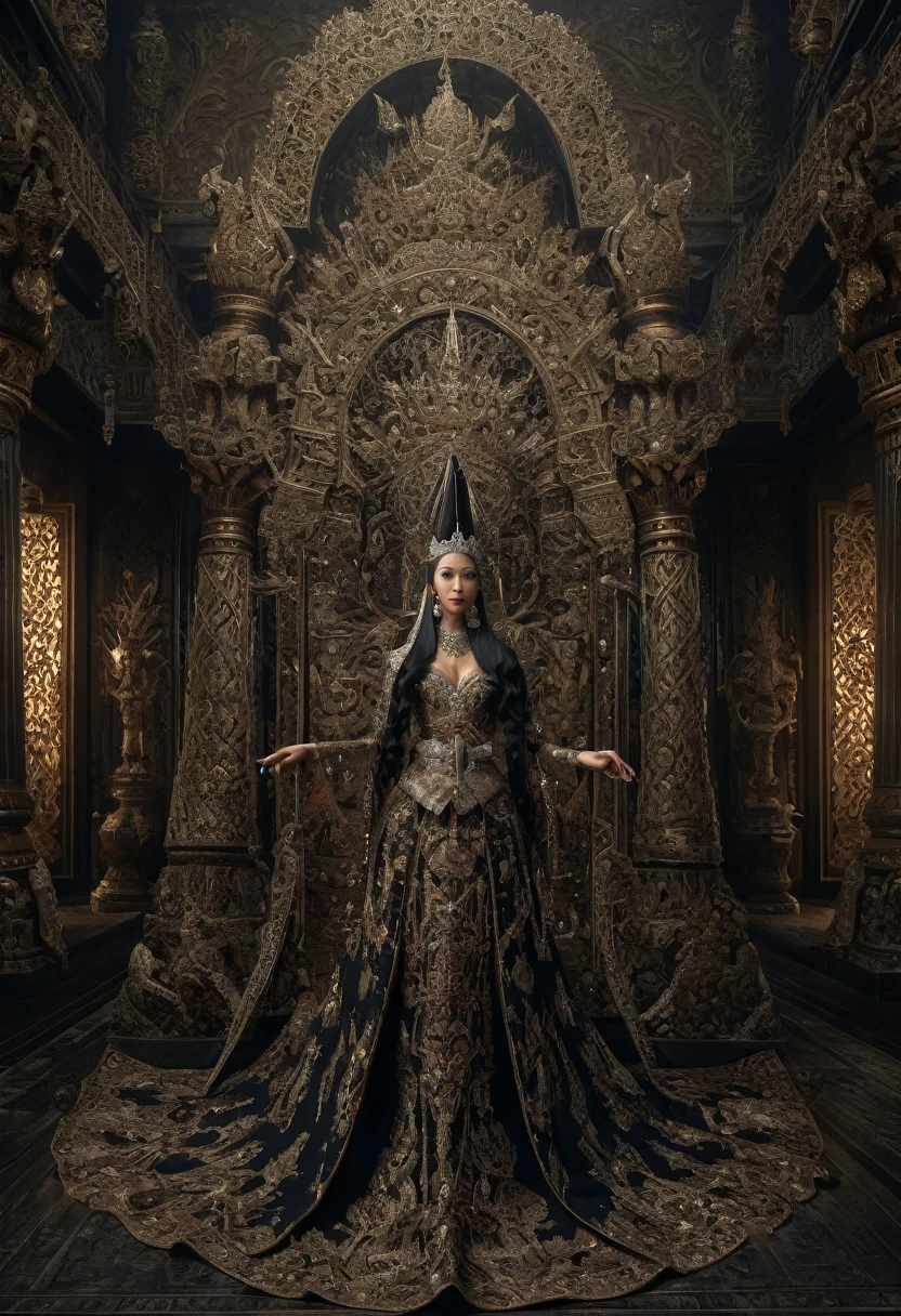 high detail, best quality, 8k, [very detailed], masterpiece, best quality, (very detailed), ultra wide shot, photorealistic, image of a Javanese empress wearing a Javanese royal gown (intricate detail, Masterpiece, best quality: 1.5 ), holding a scepter (intricate detail, Masterpiece, best quality: 1.5), wearing a crown with 12 stars (intricate detail, Masterpiece, best quality: 1.5), standing in front of the palace facing the enemy (intricate detail, Masterpiece, best quality: 1.5), black hair, long hair, flowing hair, sharp eyes, dynamic light, from the front, [[12 stars in the background]], best quality, high resolution, ultra wide angle
