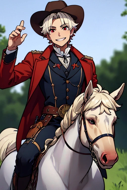 Perfect face. Perfect hands. A young white haired man with red eyes in a Gothic sheriff's uniform is riding a horse back into a wild west town with a big smile