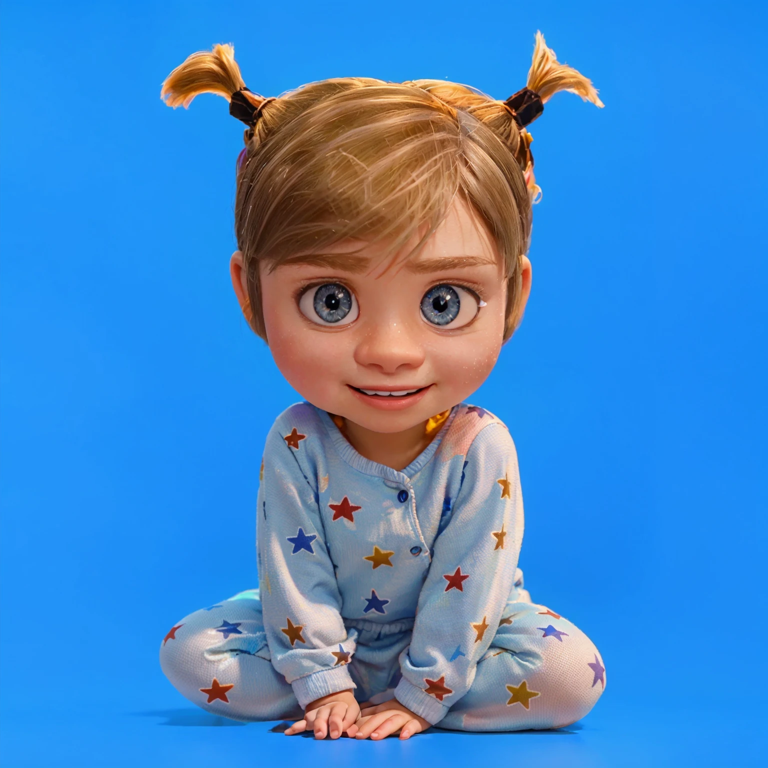 This image features a depiction of Riley Andersen, the young protagonist from the animated movie "Inside Out." The ddler version of Riley here captures her youthful innocence and playful spirit, characterized by her large blue eyes and blonde hair styled in whimsical pigtails. Dressed in a soft blue onesie adorned with stars, Riley exudes curiosity and joy, reflecting her character's bright and lively personality from the film. The vibrant blue background highlights her cheerful disposition and imaginative nature. vibrant contrast to his attire and accessories.аffects render, (glossy plastic texture with multiple big light probe refractions), perfect cgi, smooth silhouette, high intensity refraction, (super glossy plastic material), most beautiful vfx, , realistic, 4k, high resolution, rim light, smooth 3d model, multiple light sources, rim light, sharp post effects render,, realistic, 4k, high resolution, rim light detailed digital art, reflective, best quality, 4k, masterpiece:1.2, ultra-detailed, realistic, vivid colors, The image of the highest quality, ensuring every detail showcased perfectly. It in 4k resolution, allowing viewers to immerse themselves in the richness of the colors and intricate details. The realistic rendering. under the spotlight, reflecting, high-resolution image, realistic rendering