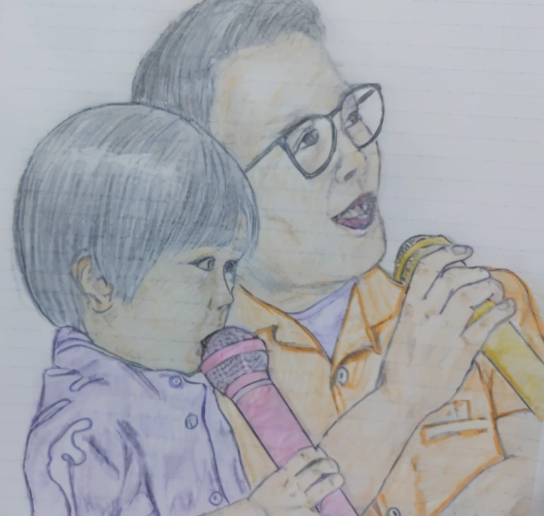Cute little boy singing with a pink microphone(by Oka Yasutomo), Inspired by Takeharu Matsumura, Black Pink'Portrait of Joshi, By Yasutomo Oka, By Yuki Ogura, 3 / 4 ViewsPortrait, inspired by Nara Yoshitomo, based on child's drawing, by Ayako Rokkaku、A generation with beautiful eyes