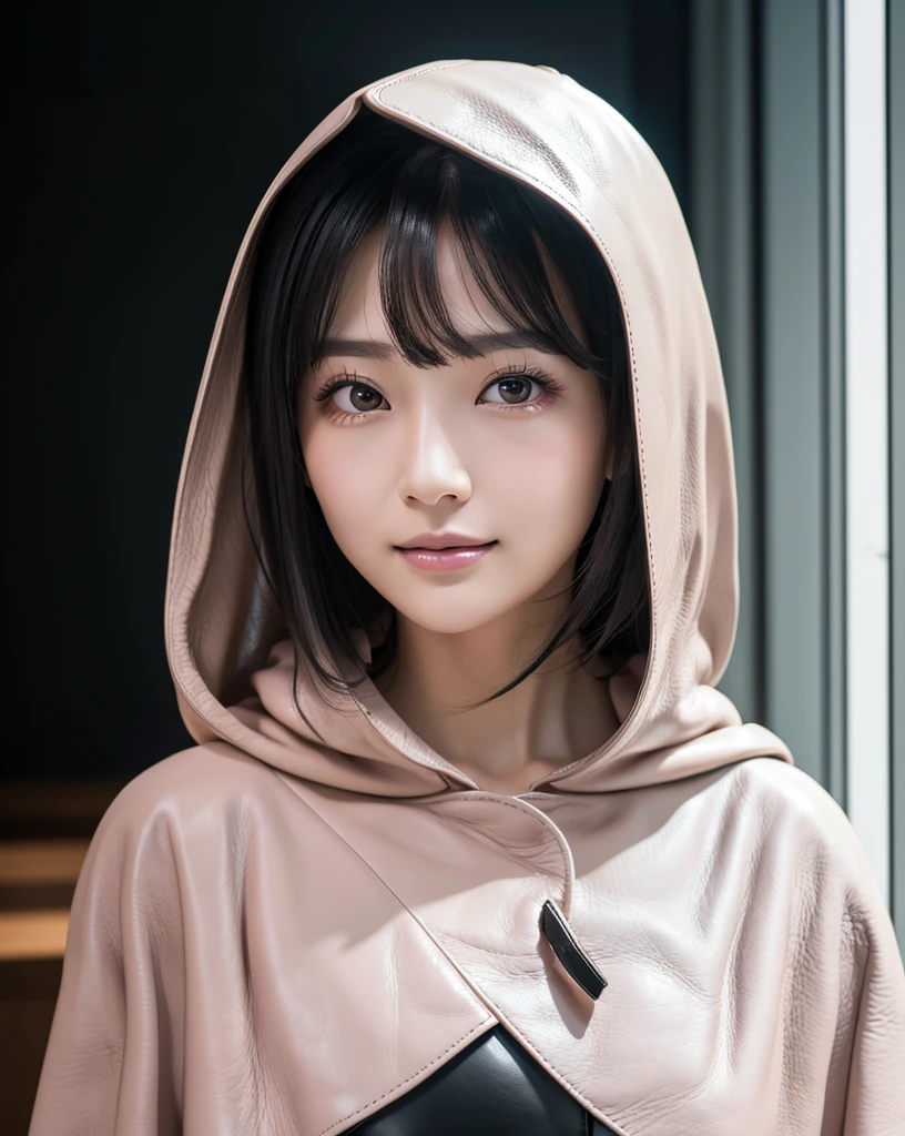 (Highest quality, 32K, High resolution, Masterpiece:1.5, ), marimo_jet, god々A photograph with brilliant dazzling and healing power., Evoking a sense of calm and elusive beauty, Expressing emotions, Have a rich imagination, Beautiful Japanese Girls, An exceptionally beautiful face, Small Face Beauty, Perfect Human Anatomy, Magical big eyes, Motherhood and generosity, Deep Love, fleeting smile, Shiny black hair, Asymmetrical bangs, Hair between the eyes, Transparent, soft white skin, Sharp eyebrows, Thin lashes, Natural Makeup, Cheek highlighter, Pale pink detailed lips, ((black hooded leather coat:1.2)), ((Dark Room:1.2)), god秘的
