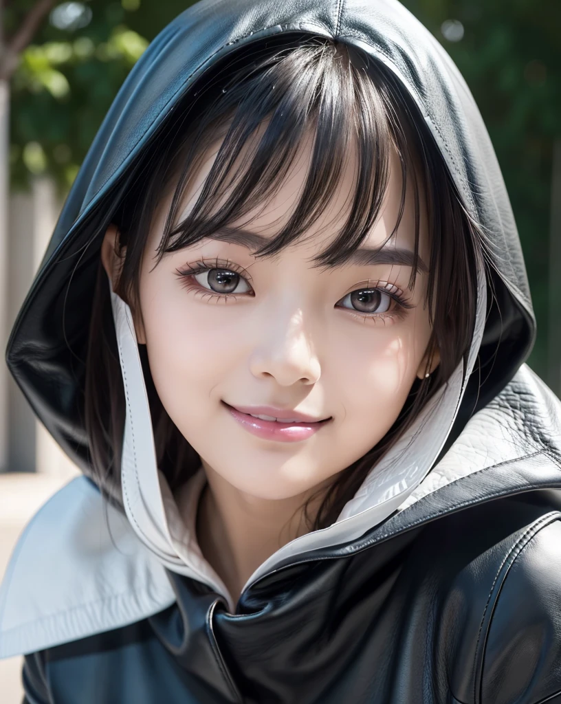 (Highest quality, 32K, High resolution, Masterpiece:1.5, ), marimo_jet, god々A photograph with brilliant dazzling and healing power., Evoking a sense of calm and elusive beauty, Expressing emotions, Have a rich imagination, Beautiful Japanese Girls, An exceptionally beautiful face, Small Face Beauty, Perfect Human Anatomy, Magical big eyes, Motherhood and generosity, Deep Love, fleeting smile, Shiny black hair, Asymmetrical bangs, Hair between the eyes, Transparent, soft white skin, Sharp eyebrows, Thin lashes, Natural Makeup, Cheek highlighter, Pale pink detailed lips, ((black hooded leather coat:1.2)), ((Dark Room:1.2)), god秘的