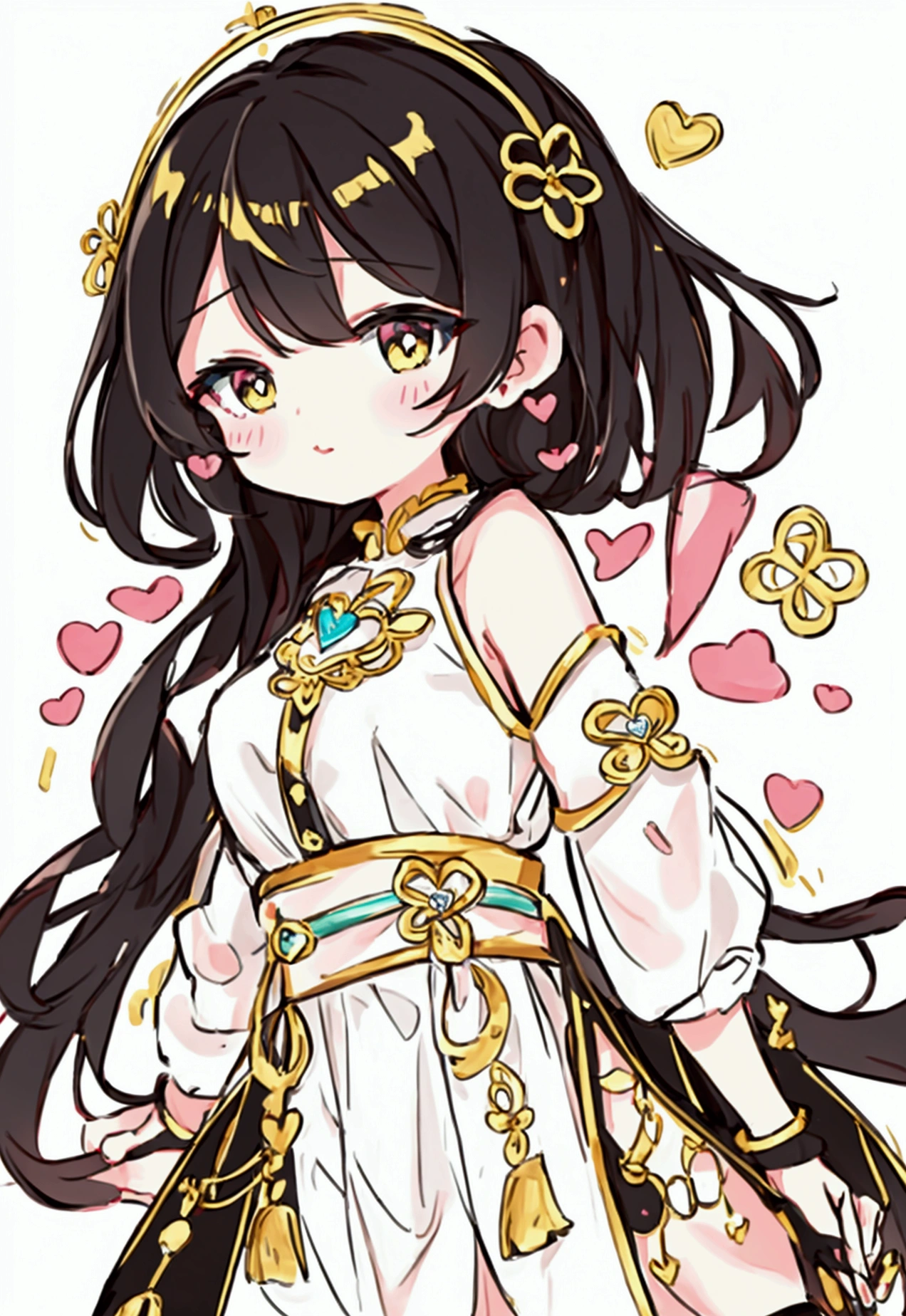 Cute style chibi girl, heart, soft, colorful, delicate, Expressive, texture, sharp, Black and gold