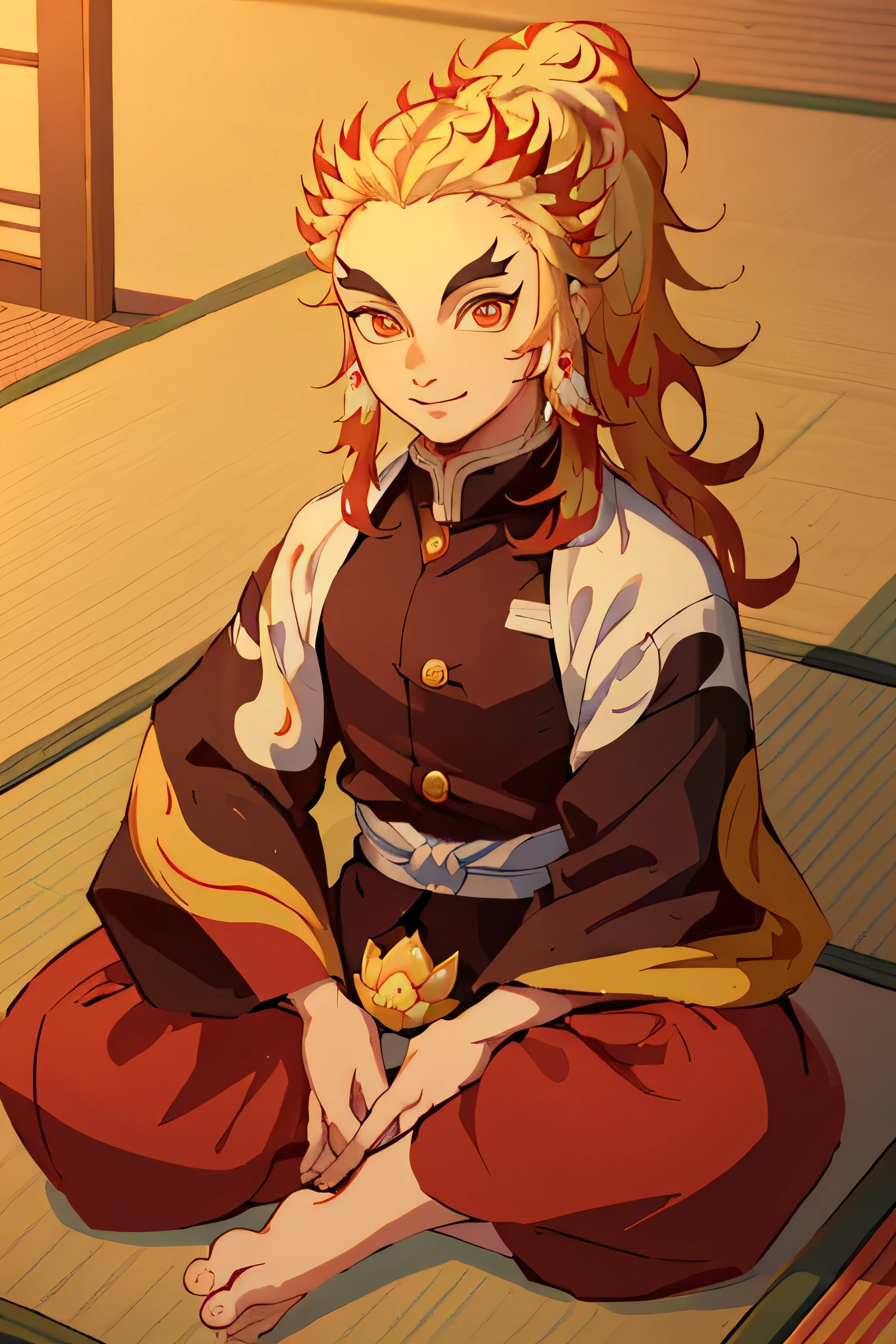 (Masterpiece, Best Quality:1.2), Cowboy shot, solo, male focus, 1 adult boy, Rengoku Kyojuro, smile the face, looking a viewer, Long hair, high ponytail, Split eyebrows, (((Onmyoji clothing))), (((sitting in the lotus position))), ((on the tatami)), Indoors