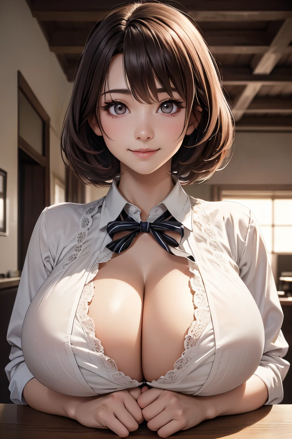 (超High resolution,4K,Very detailed, photograph, 8k, High resolution, High resolution, Absurd:1.2),25 year old Japanese woman,Black Hair,Beautiful character design,Beautifully detailed eye depiction,Perfect Face,Expressive eyes,Brown eyes,Please smile with your teeth showing,banker,A business-style collared shirt that fits snugly against the skin,(Huge breasts:1.4),(See-through bra:0.8),Mature Woman,Natural smile,at living room,evening,(顔photograph:1.2)