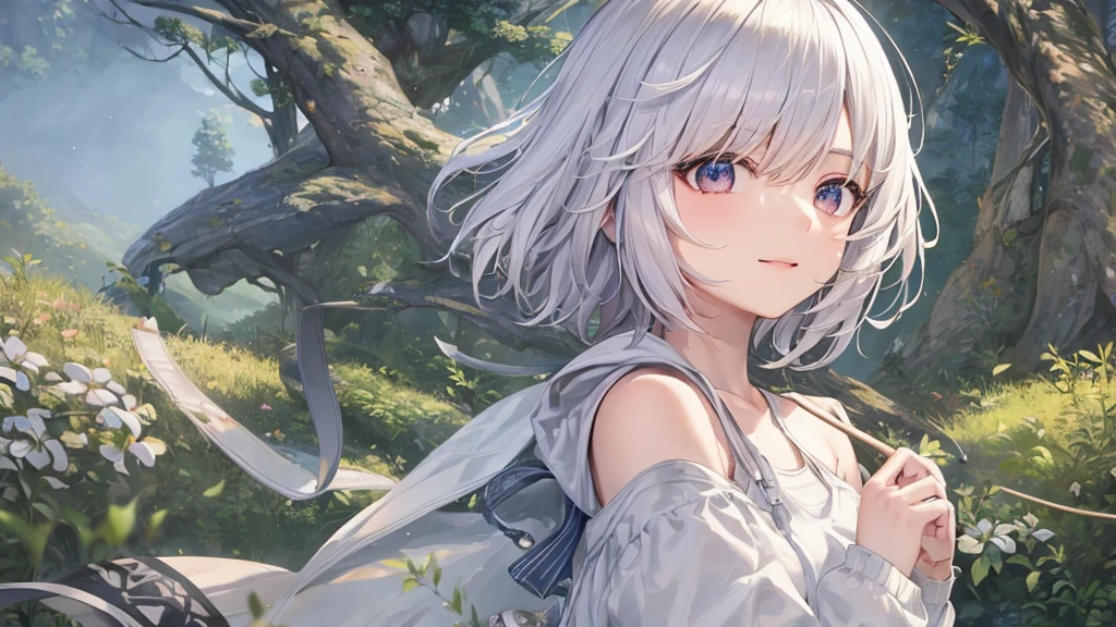 Ultra HD,Look at the viewers, Put your hands behind your back, With a girl, 20-year-old, 非常にShort Hair, Long bangs between the eyes, Pale blue eyes, Very detailed,(masterpiece、Highest quality),Gray Hair、Laughter、Fantastic, Silver Hair, Iris, Short hair、 Fluttering Hair、Small Face、明るいsmile、(Detailed face) ,Professional Lighting,Wonderful landscape,blue sky, sunlight,Looking down from above,Portraiture、Open your mouth、Flower Field、Her eyes were shining、Mysterious and enchanting atmosphere。With AI Painting、とてもShort Hair, Long bangs between the eyes, Very detailed,(masterpiece、Highest quality)、alone、Gray Hair、Fantasy, Silver Hair, Fantasyな風景、smile、Open your mouth、short hair、Short Hair、hairpin、black eye、Grey Eyes、Beautiful Eyes、Black Shirt、White hoodie