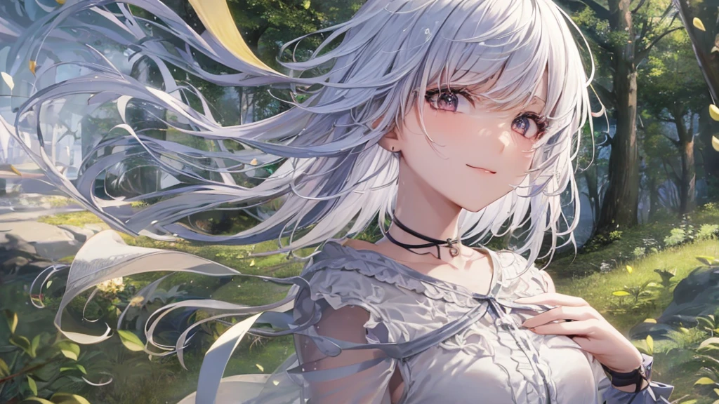 Ultra HD,Look at the viewers, Put your hands behind your back, With a girl, 20-year-old, 非常にShort Hair, Long bangs between the eyes, Pale blue eyes, Very detailed,(masterpiece、Highest quality),Gray Hair、Laughter、Fantastic, Silver Hair, Iris, Short hair、 Fluttering Hair、Small Face、明るいsmile、(Detailed face) ,Professional Lighting,Wonderful landscape,blue sky, sunlight,Looking down from above,Portraiture、Open your mouth、Flower Field、Her eyes were shining、Mysterious and enchanting atmosphere。With AI Painting、とてもShort Hair, Long bangs between the eyes, Very detailed,(masterpiece、Highest quality)、alone、Gray Hair、Fantasy, Silver Hair, Fantasyな風景、smile、Open your mouth、short hair、Short Hair、hairpin、black eye、Grey Eyes、Beautiful Eyes、Black Shirt、White hoodie