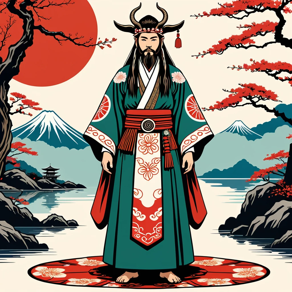 hungarian druid in japanese folk outfit, vector graphics, strong contours