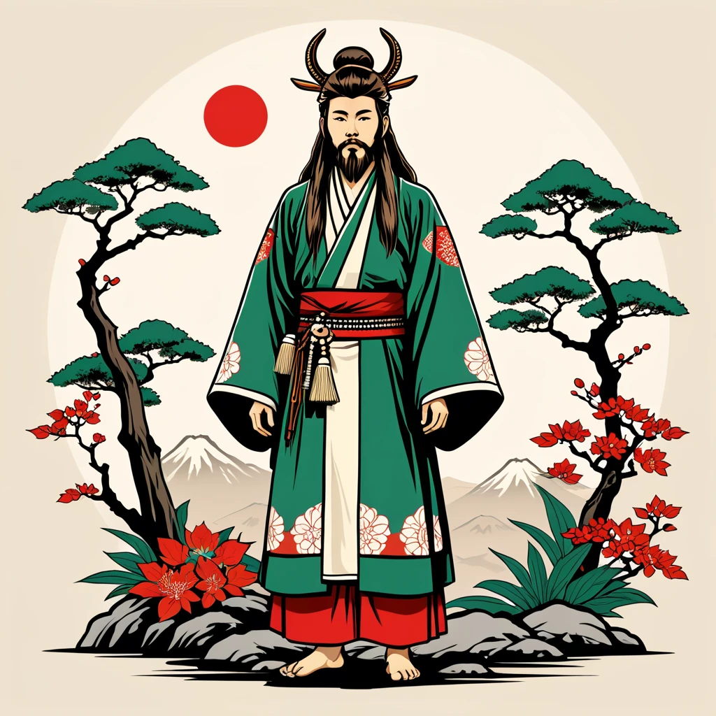 hungarian druid in japanese folk outfit, vector graphics, strong contours
