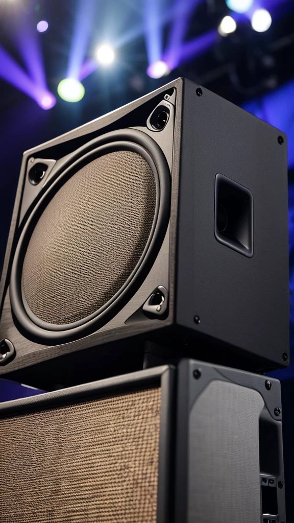 Close-up of a stage monitor speaker emitting deep bass, people feeling the rhythm, 9:16 vertical