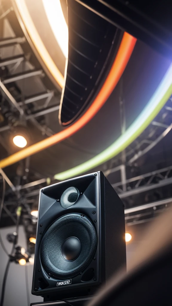 Close-up of a stage monitor speaker emitting deep bass, people feeling the rhythm, 9:16 vertical