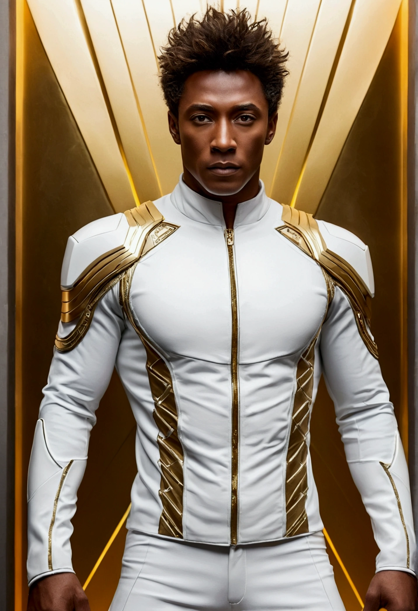 Homem com cabelo cacheado curto, pele branca, olhos cinzentos, Defined and athletic body, White science fiction outfits with gold details, Aguardar com interesse, confiante,