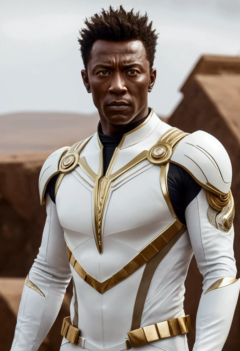 Homem com cabelo cacheado curto, pele branca, olhos cinzentos, Defined and athletic body, White science fiction outfits with gold details, Aguardar com interesse, confiante,